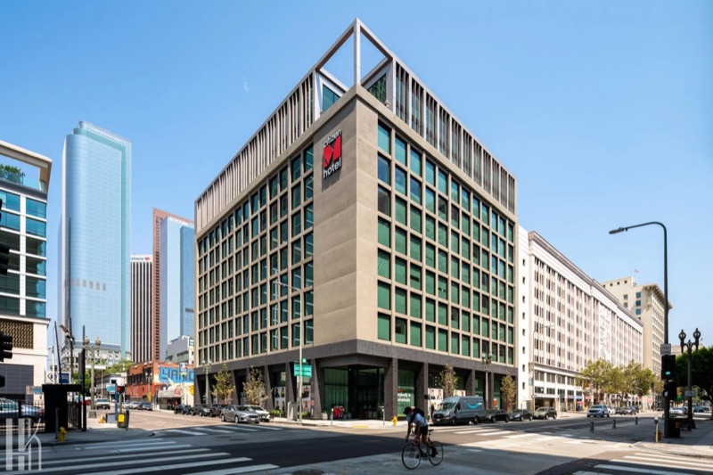The citizenM hotel at 4th and Spring: eleven storeys of stacked modular guest rooms.